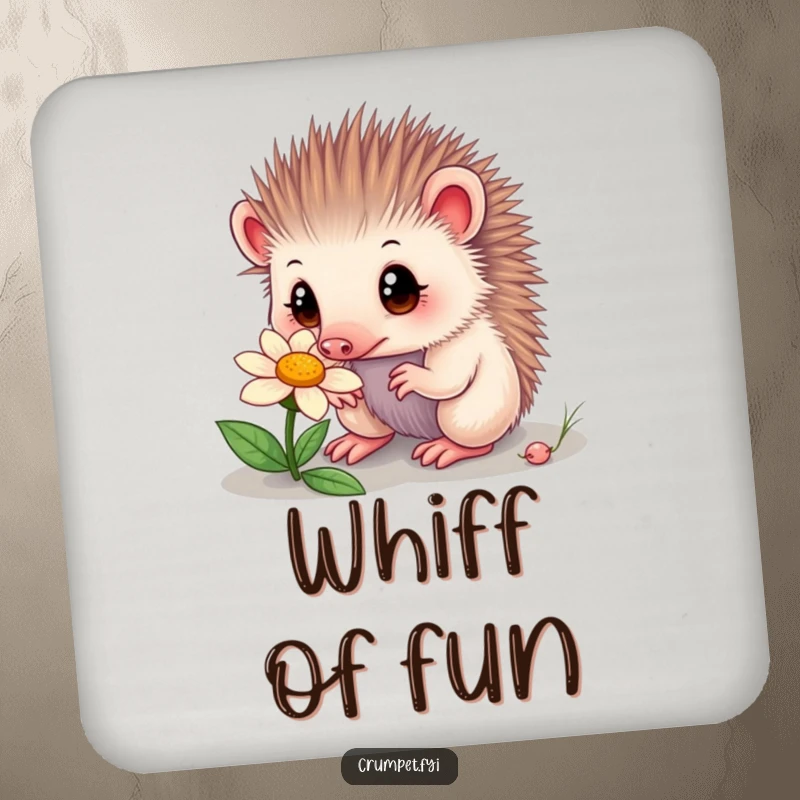 Funny echidna coasters featuring a curious echidna sniffing a flower, wide eyes expressing wonder. Humorous and practical drink protection.