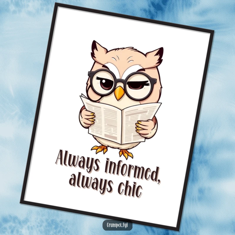 Funny poster of a winking owl wearing a monocle and reading a tiny newspaper, adding elegant humor.