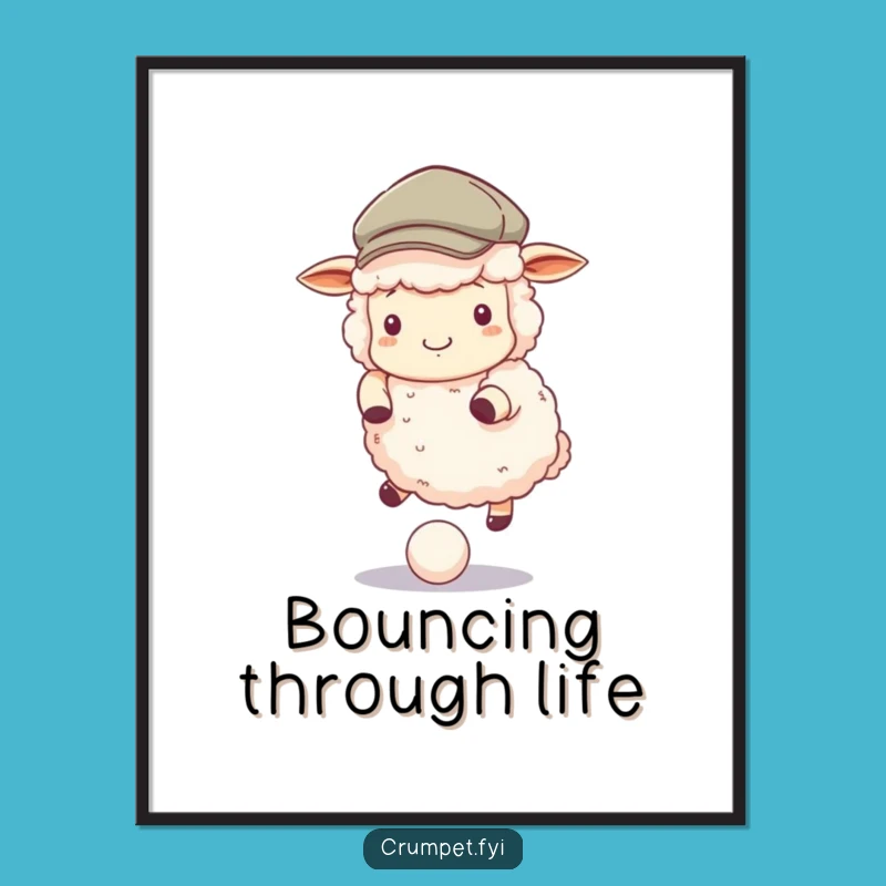 Funny Sheep Poster - Fluffy Flat Cap Ball Bouncing Art, Whimsical Wall Decor, Funny Gift
