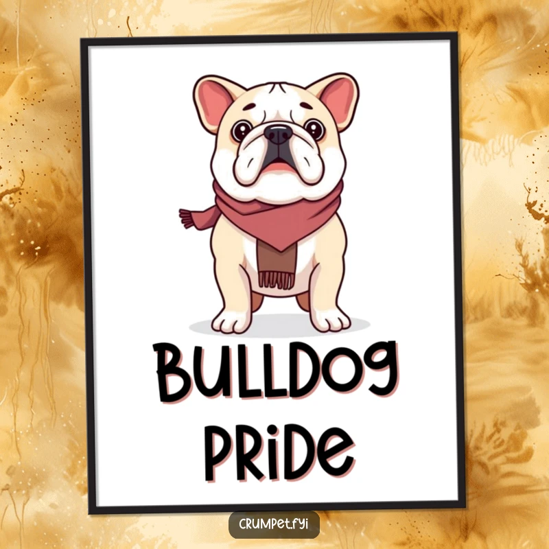 Funny proud bulldog wearing a scarf, standing tall and stoic, displayed as a dignified funny poster.