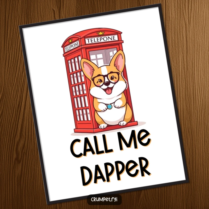 Funny Poster: A delighted corgi wearing a monocle offers a cheeky wink next to a red telephone box.