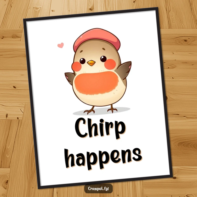 Funny chubby robin wearing a beret, in mid-song, displayed as a humorous poster for wall art.