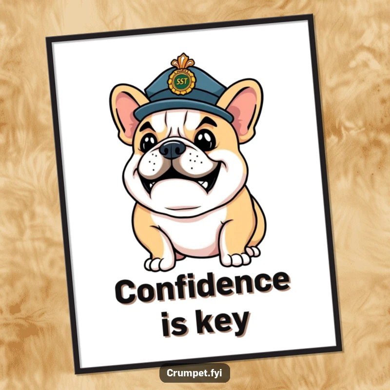 Funny Poster: A happy bulldog wears a ceremonial hat, striking a supremely confident and distinguished pose, full of character.