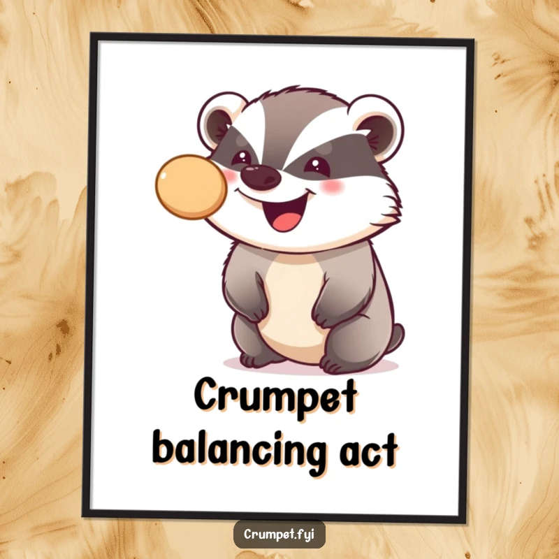Funny poster depicting a smiling badger perfectly balancing a crumpet on its nose, adding whimsical and humorous art to any room.