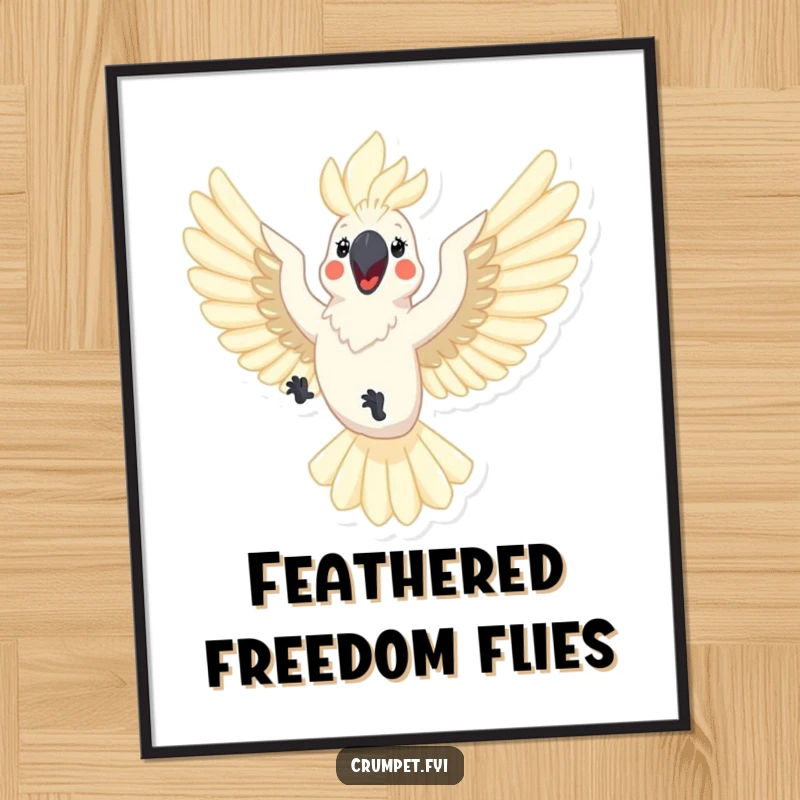 Funny cockatoo poster showing a happy cockatoo flying with outstretched wings. A joyful and humorous piece of bird-inspired art.