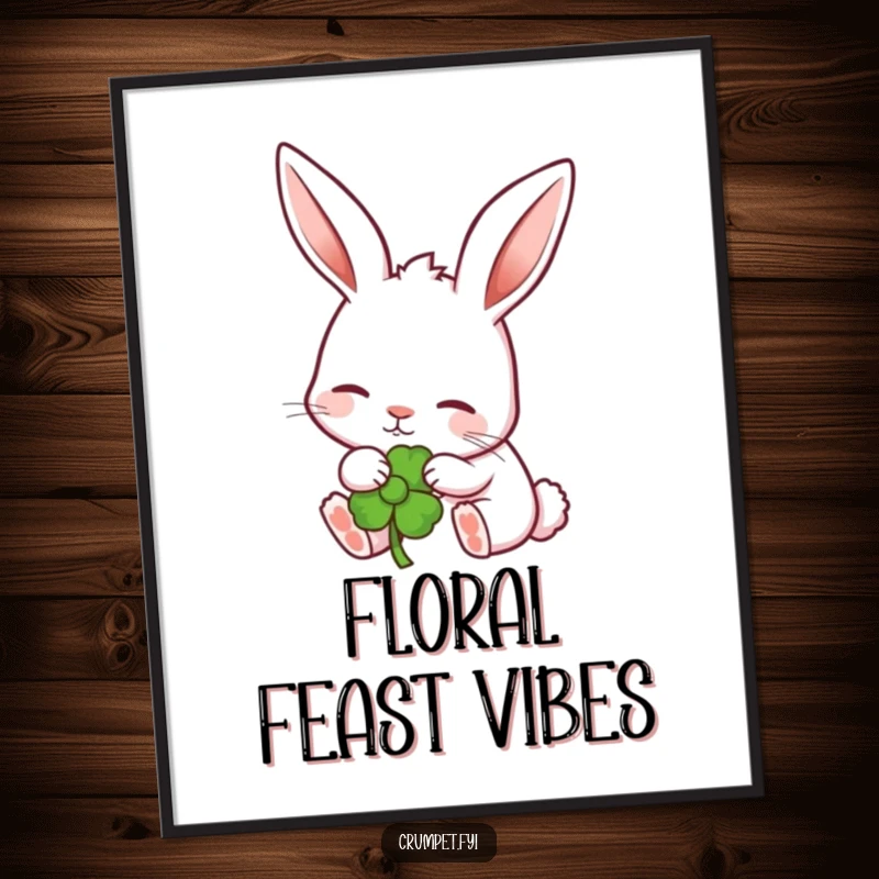Funny content rabbit with perked ears nibbling a stylized garden flower on a charming poster. A lovely funny gift.