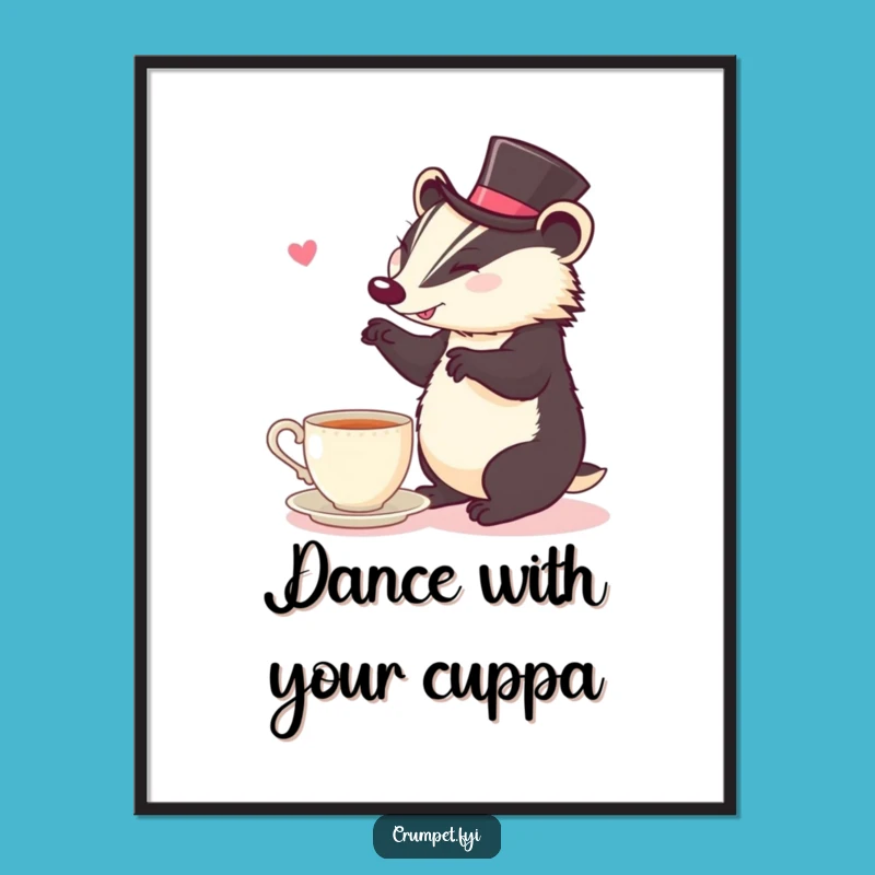 Funny Badger Art Poster: Tea Time Jig Fun, Whimsical Funny Gift!