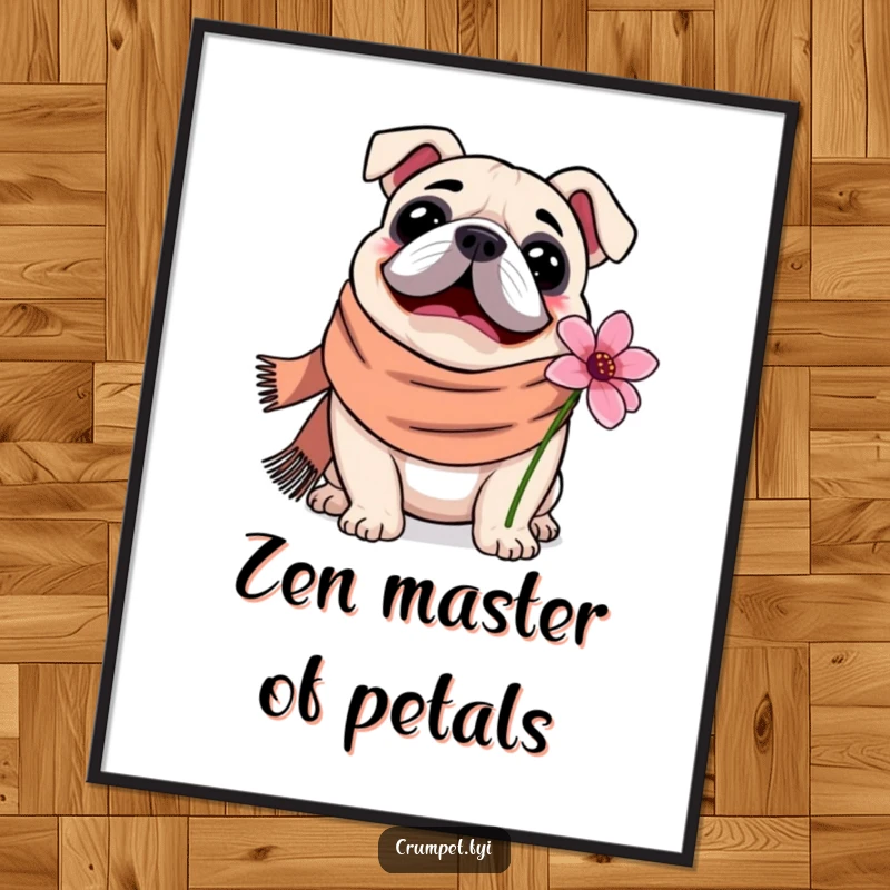 Funny Poster of a content bulldog in a scarf, joyfully sniffing a flower, bringing warmth, happiness, and canine cuteness to any room.