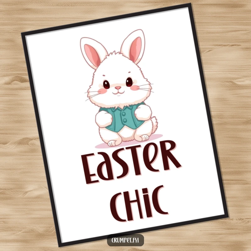 Funny fluffy bunny in a waistcoat, hopping energetically, displayed as a whimsical funny poster.