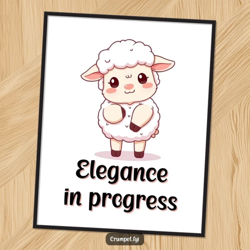 Funny fluffy sheep poster depicting a polite sheep attempting a clumsy curtsy, whimsical wall decor and gift.