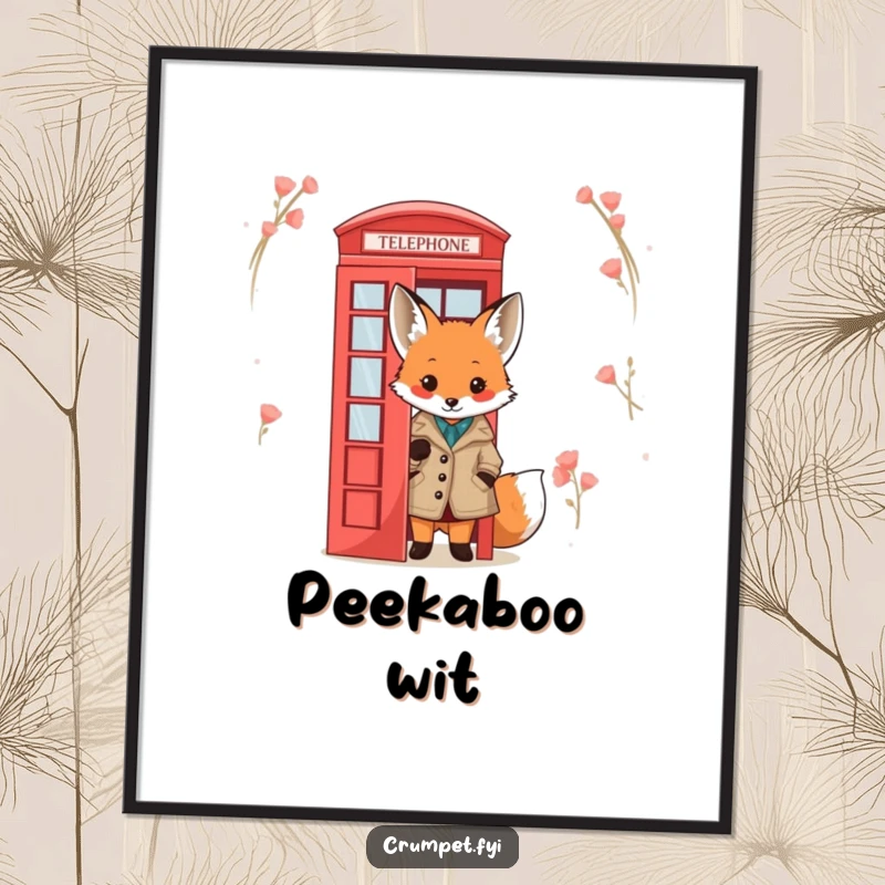 Funny Fox Poster: A cute fox in a tweed jacket peeks from behind a red telephone box, displayed as charming and humorous wall art.