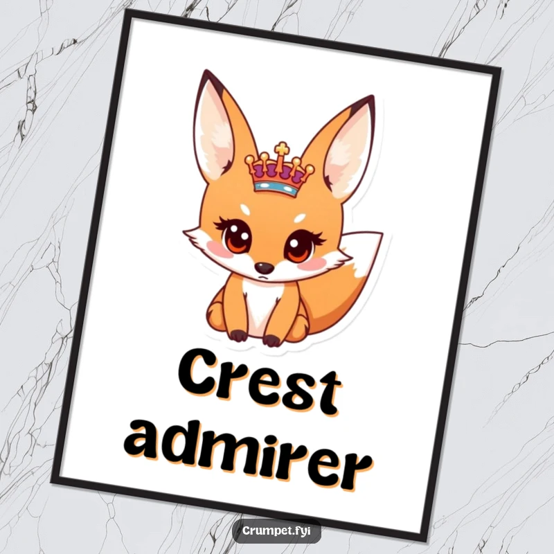 Funny poster art of a curious fox with wide eyes inspecting a miniature royal crest, adding a humorous touch to decor.