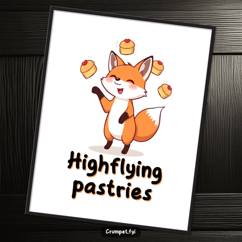Funny poster depicting a delighted fox in the act of juggling several small scones, adding whimsical art to any wall.