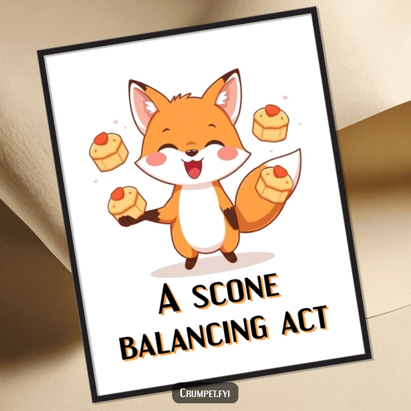 Funny poster depicting a happy, energetic fox juggling three small, tempting scones in mid-air with focus.