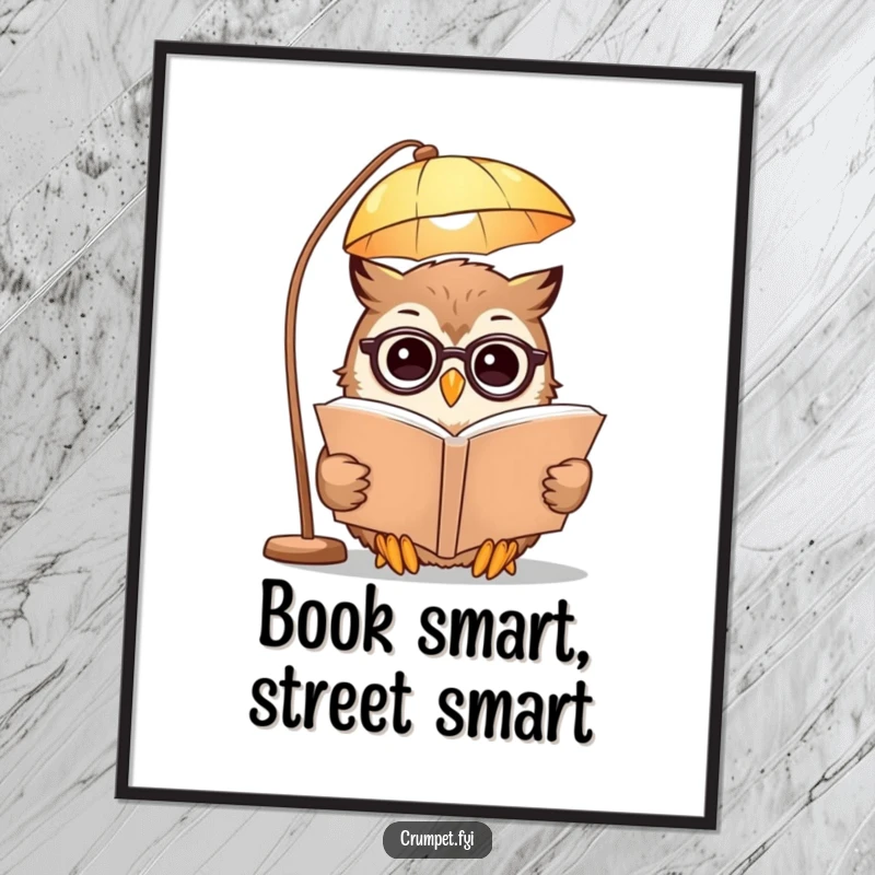 Funny Poster depicting a smiling owl wearing spectacles, diligently reading a large book under a lamp, symbolizing wisdom and literary pursuits.