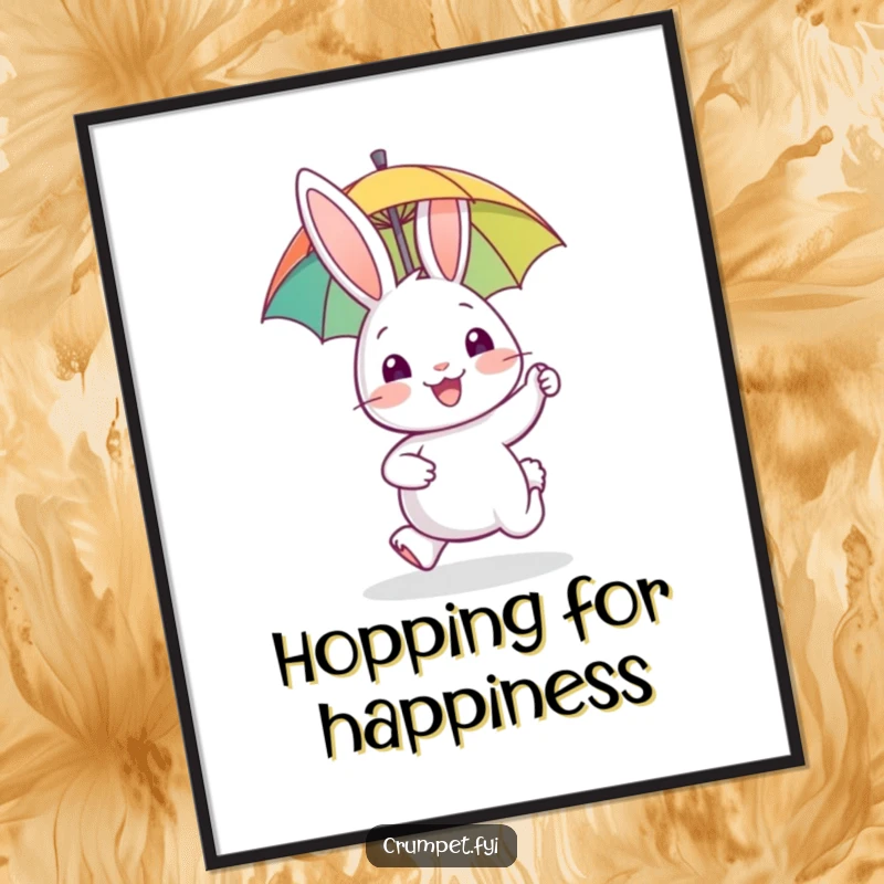 Funny rabbit poster, happy animal hopping with biscuit, cheerful cartoon art, whimsical wall decor, unique gift idea.