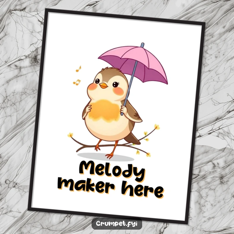 Funny Poster of a cheerful robin holding an umbrella, singing a tune, ideal whimsical wall art.