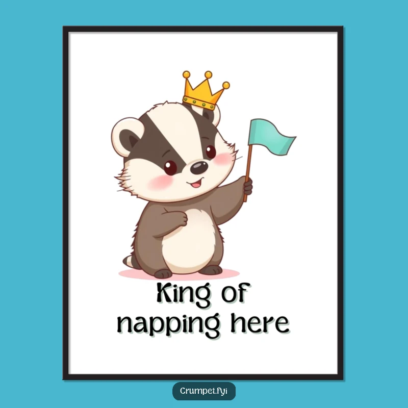 Funny Royal Badger Poster - Cute Crowned Animal Waving Flag Wall Art, Funny Gift Decor