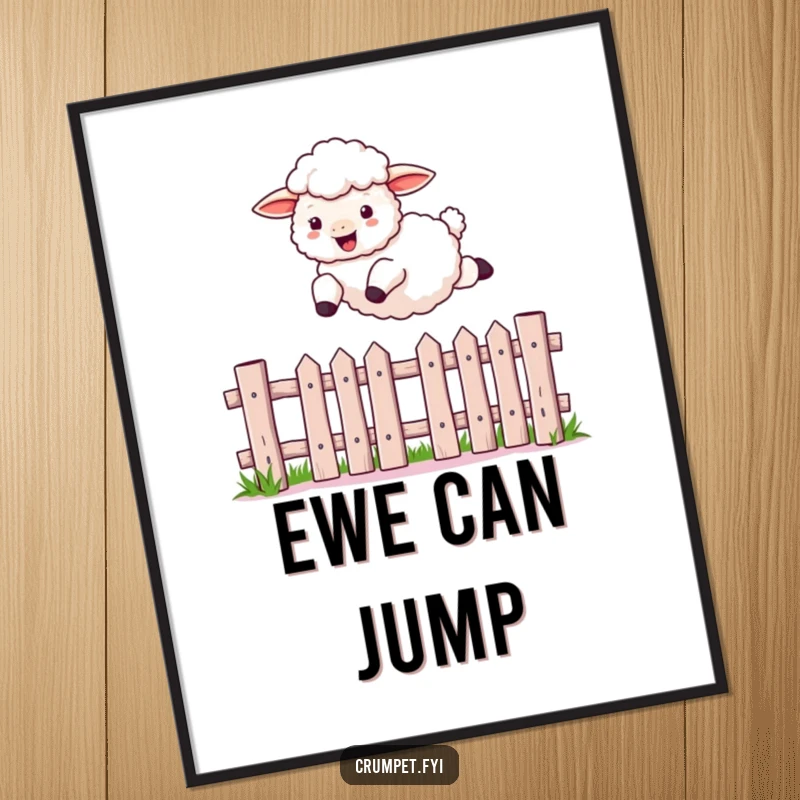 Funny sheep poster featuring a fluffy sheep mid-air clearing a picket fence, adding a humorous and energetic touch to wall art.