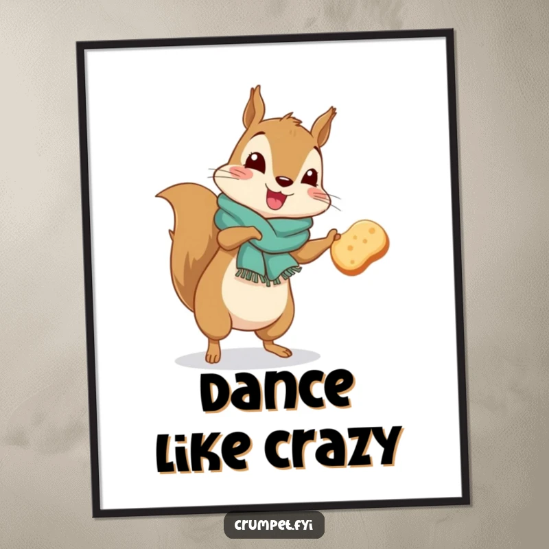 Funny squirrel wearing a scarf performing a silly jig while holding a crumpet, woodland art print.