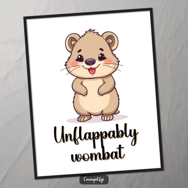 Funny wombat poster showcasing a proud, smiling wombat standing tall, bringing a confident vibe to any wall. Great for kids' rooms or animal enthusiasts.