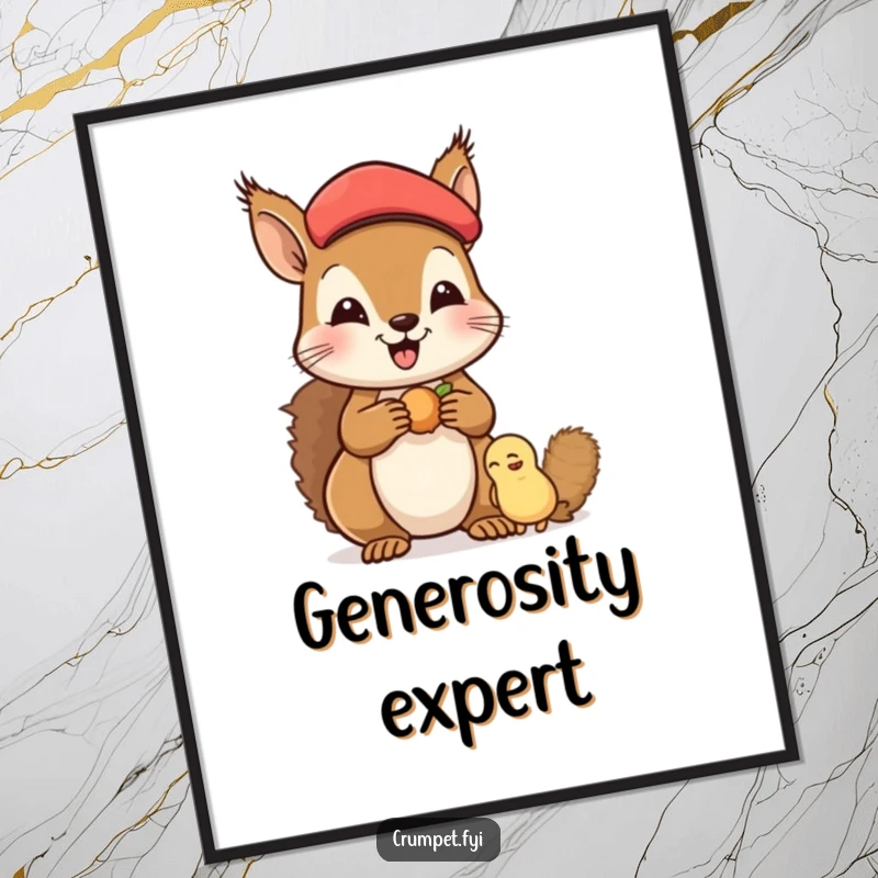 Funny Poster depicting a happy squirrel in a beret, kindly sharing nuts with a friend, celebrating friendship and heartwarming camaraderie.