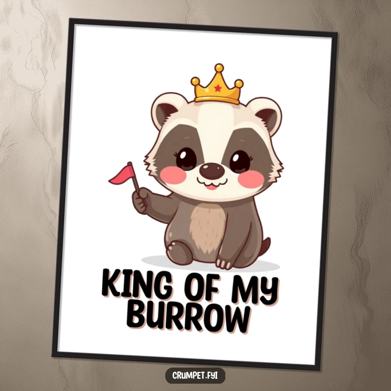 Funny Badger Crown Flag Poster: A smiling badger wearing a tiny crown waves a small flag, adding cheerful royal humor.