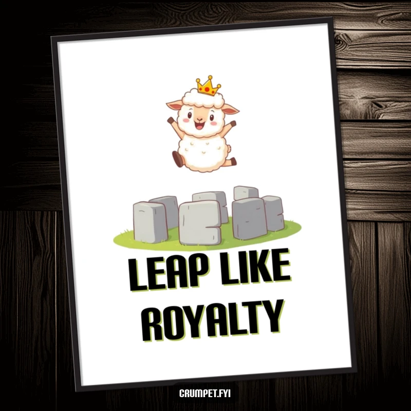 Funny Poster: Fluffy sheep in a tiny crown mid-air, triumphantly leaping over a small Stonehenge.