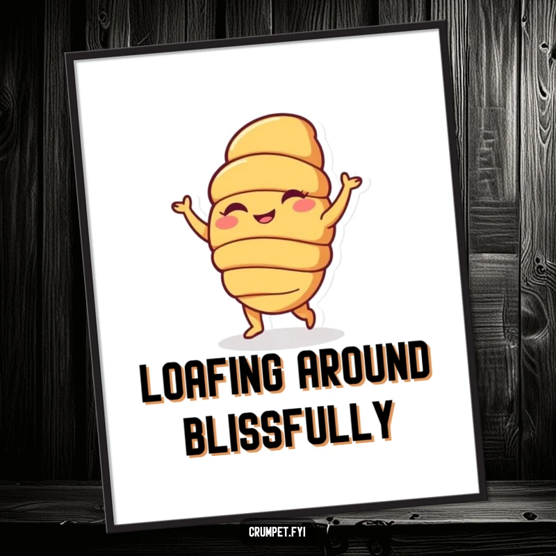 Funny poster showcasing a happy croissant character doing a silly dance, adding sweet charm and baked goods humor to wall decor, perfect funny gift.