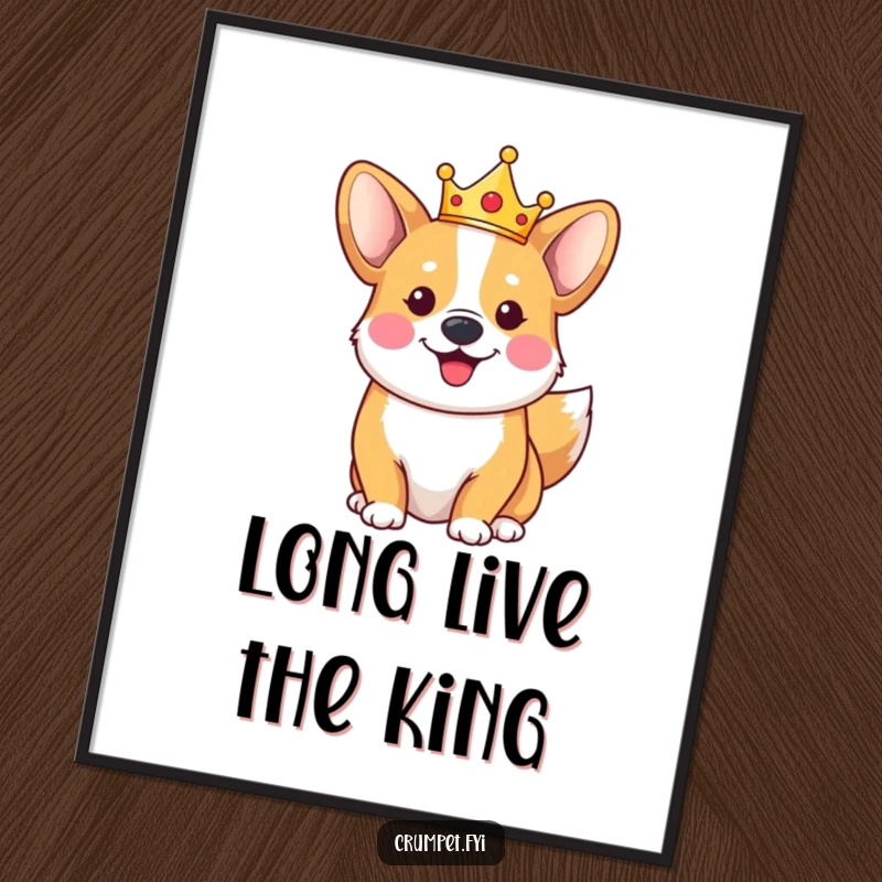 Funny happy corgi poster wearing a small crown, its tail wagging, bringing royal canine charm to wall decor.