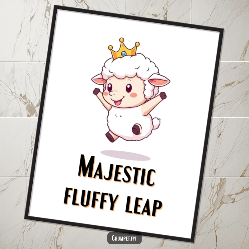 Funny Sheep Poster showcasing a fluffy sheep wearing a crown, leaping joyfully, adding a touch of humor and royalty to decor.