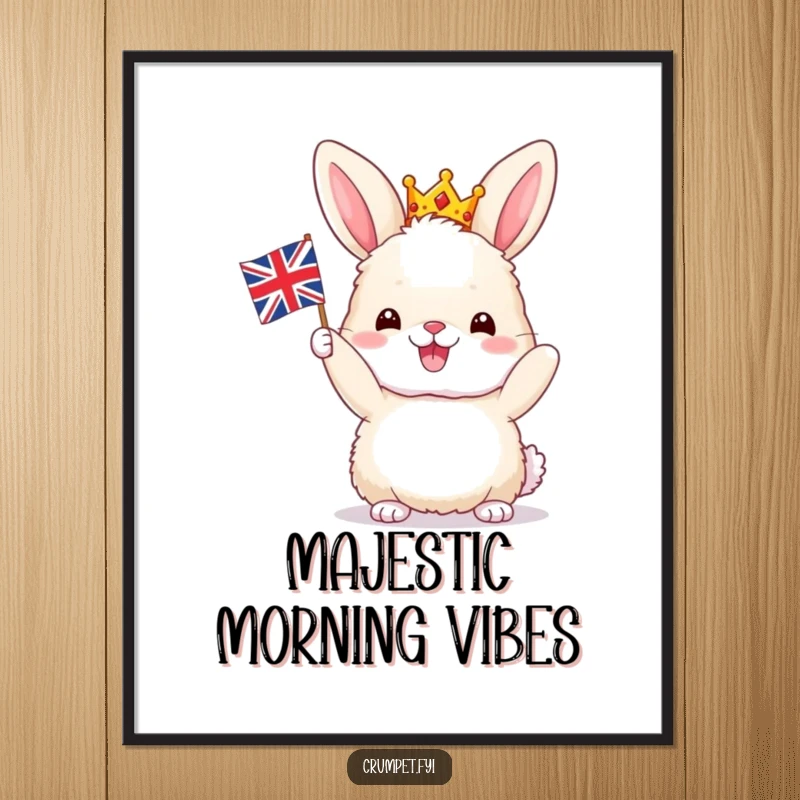 Funny Bunny Poster: A fluffy bunny joyfully waves a tiny Union Jack while wearing a crown, printed as humorous British-themed wall art.