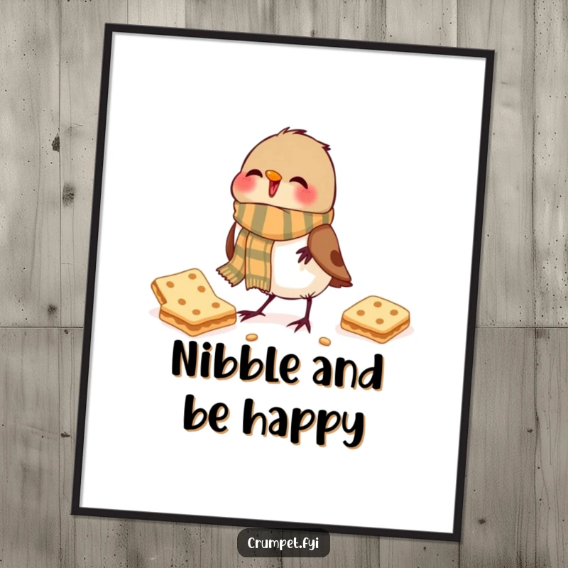 Funny Poster: A jubilant robin wearing a scarf happily pecks at a biscuit.