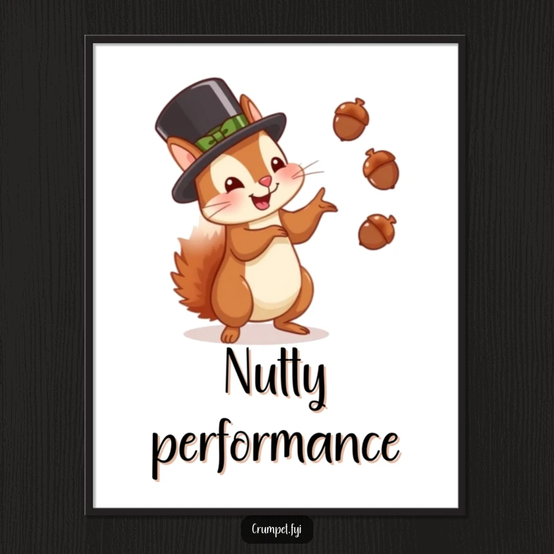 Funny squirrel poster of a squirrel in a bowler hat juggling acorns with gleeful expression, perfect wall art gift.