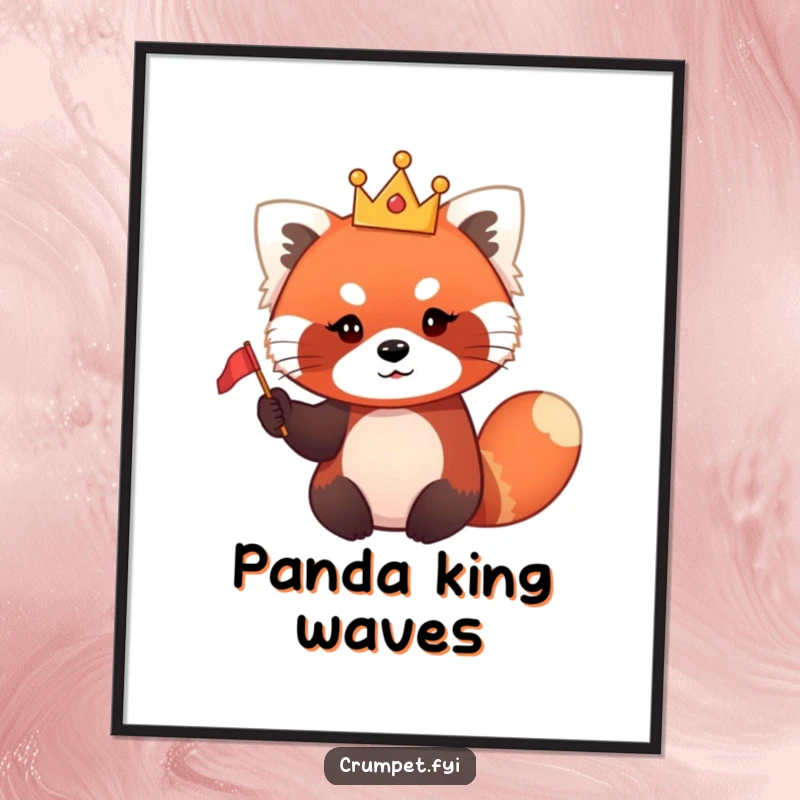 Funny red panda poster depicting a cute red panda wearing a miniature crown and waving a small flag, looking regal.