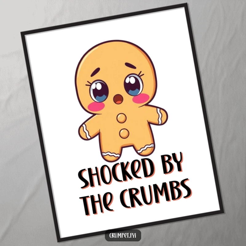 Funny gingerbread man character with wide, shocked eyes in a dramatic poster, conveying hilarious surprise.