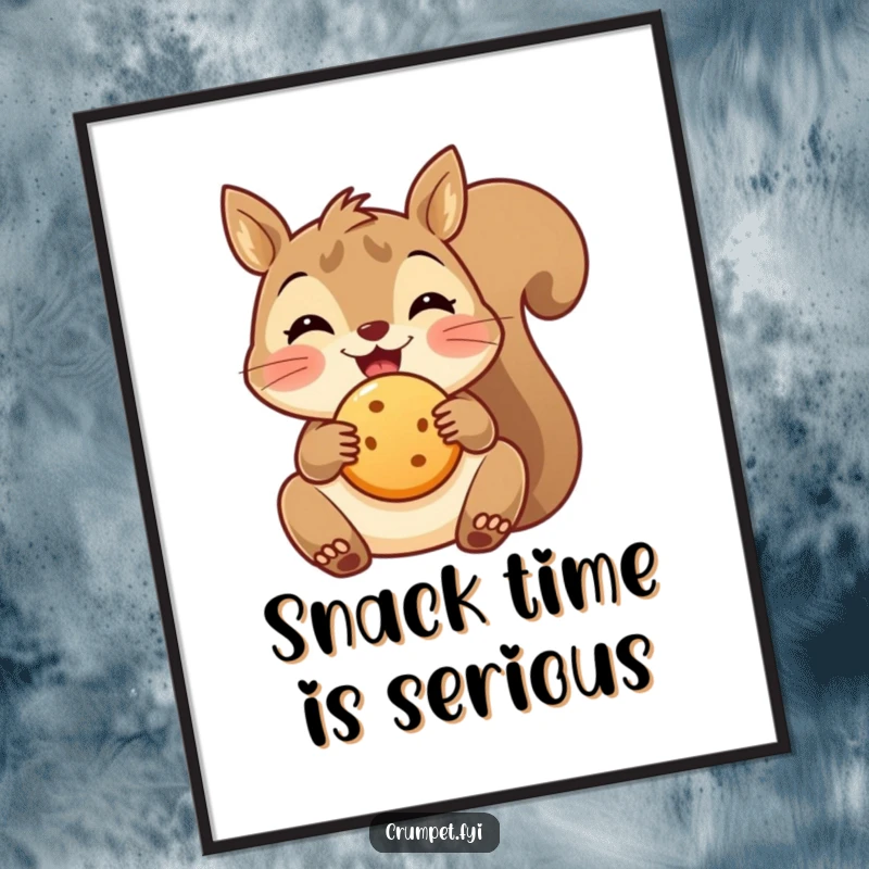 Funny delighted squirrel poster holding a small biscuit, bringing cheerful snack-time vibes to wall decor.