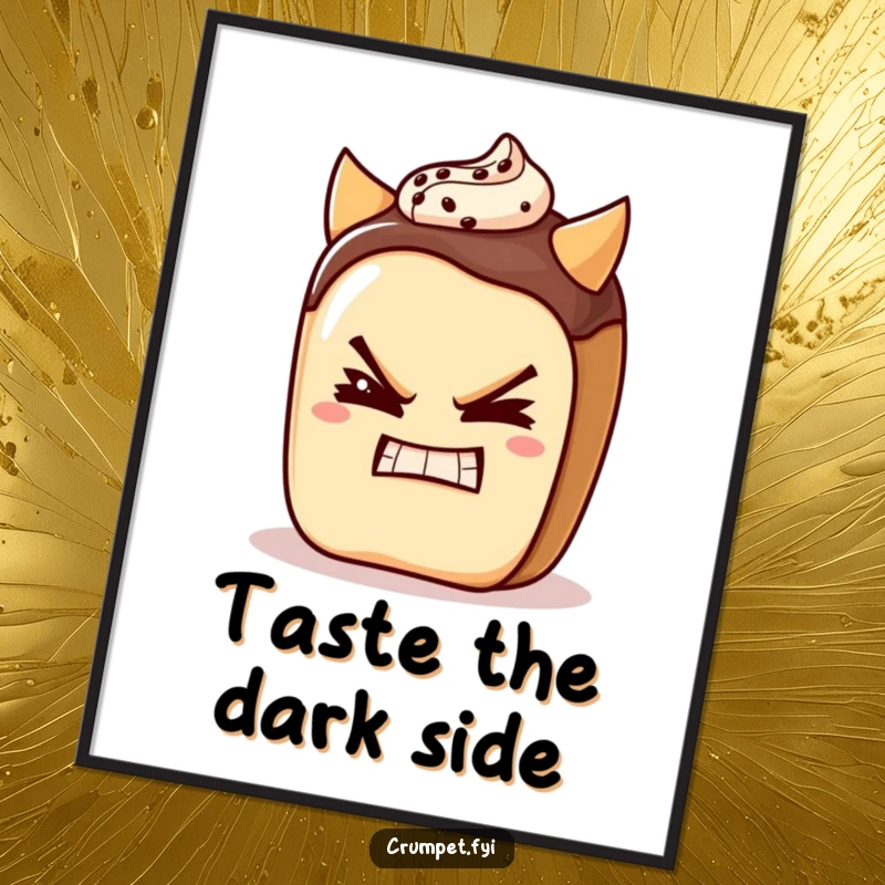 Funny pain au chocolat character winking with a devilish grin in a poster, exuding playful mischief.