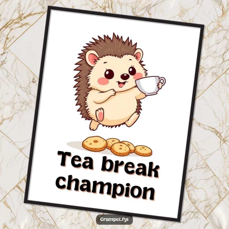 Funny Hedgehog Poster: A cheerful hedgehog leaps with a teacup over biscuits, a charming and humorous piece of wall art.