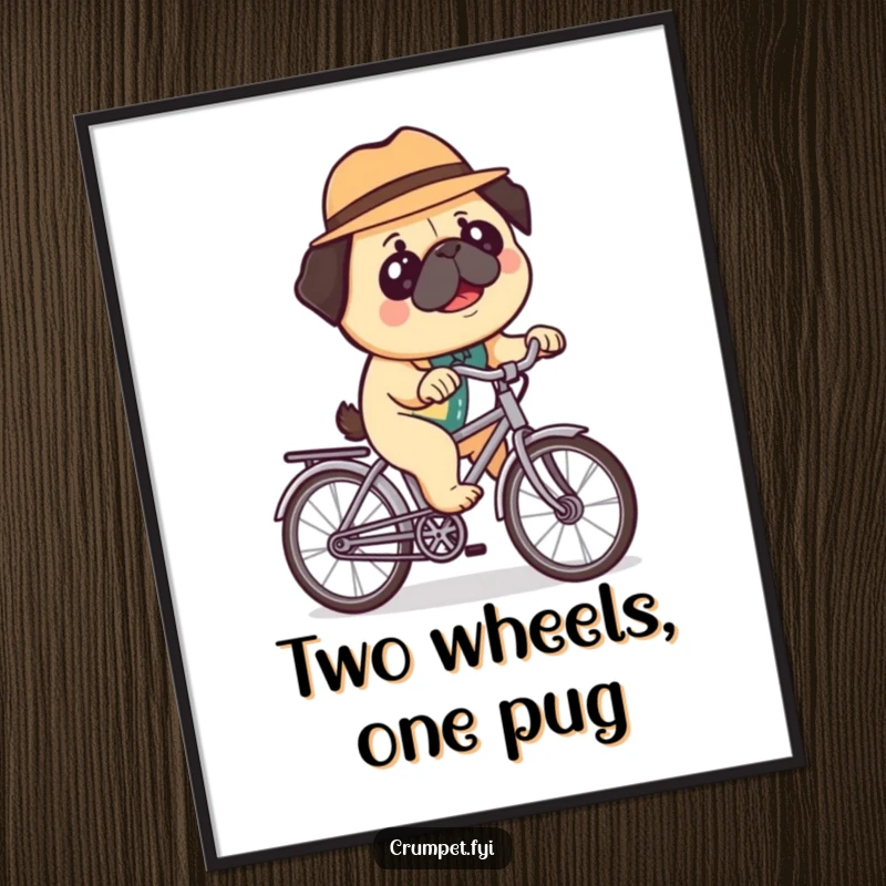Funny poster displaying a happy pug in a bowler hat, riding a miniature bicycle, bringing whimsical charm and laughter to any room.