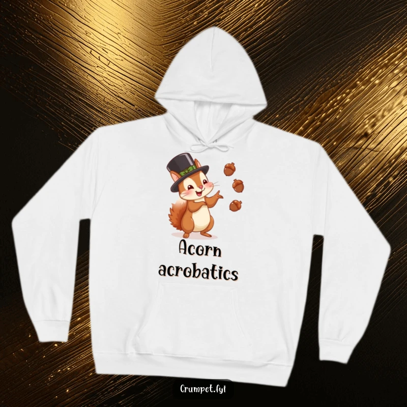 Funny squirrel hoodie showing a squirrel in a bowler hat juggling acorns with glee, comfortable and hilarious gift.