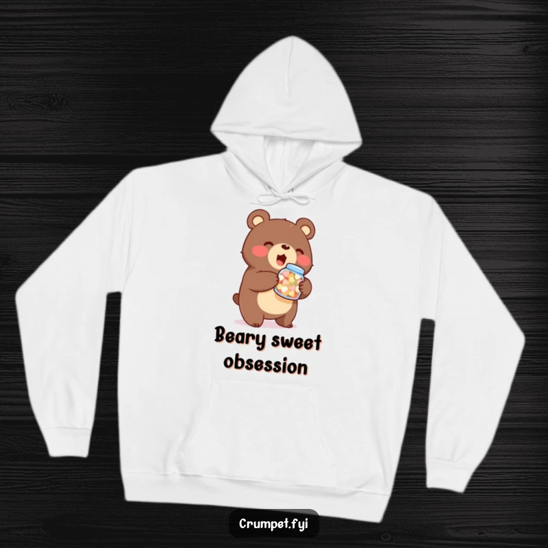 Funny bear hoodie, warm casual wear, stout character holding sweets jar, enthusiastic cartoon, gift for comfort lovers.