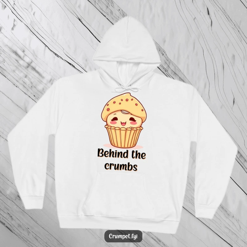 Funny playful muffin character peeking out from behind another pastry on a cozy hoodie, radiating innocent charm.