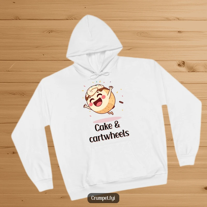 Funny Coffee Cake Hoodie depicting a happy character doing a cartwheel, surrounded by flying sprinkles, ideal for cozy, humorous wear.