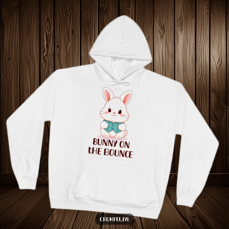 Funny fluffy bunny wearing a waistcoat hops along on a cozy hoodie, a delightful funny gift.