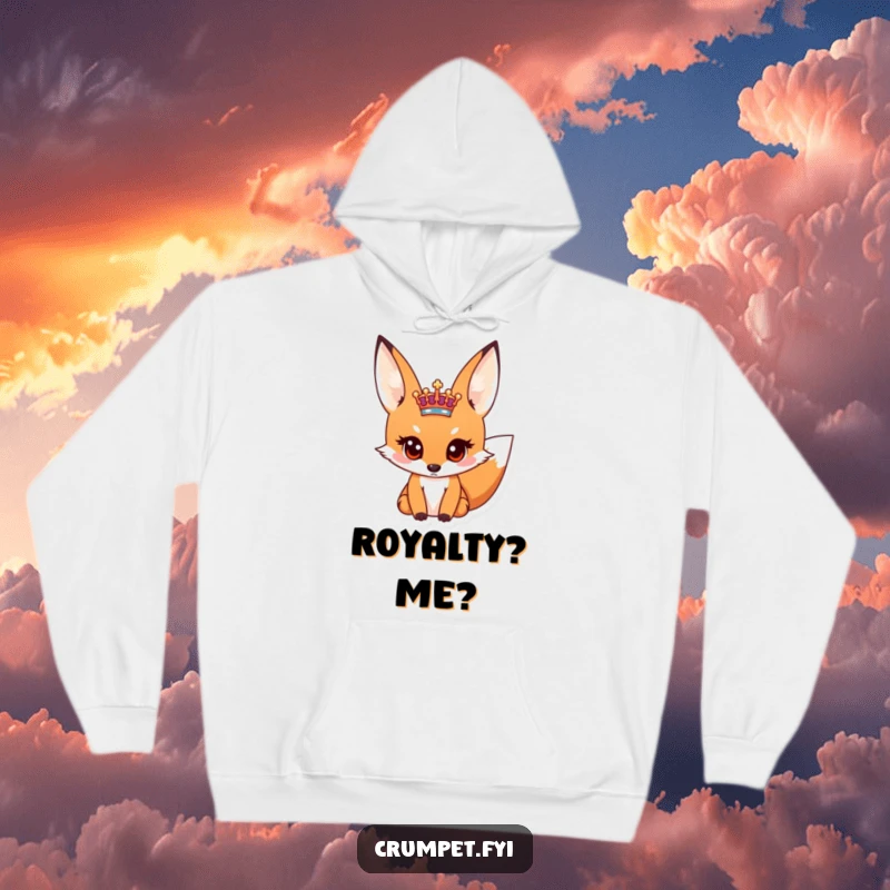 Funny hoodie showing a wide-eyed curious fox intently peering at a small royal crest, emphasizing its inquisitive nature.