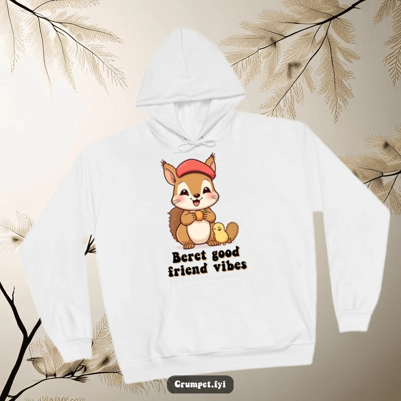 Funny Hoodie with a happy squirrel in a beret, sharing nuts with a friend, offering warmth and a symbol of sweet generosity.
