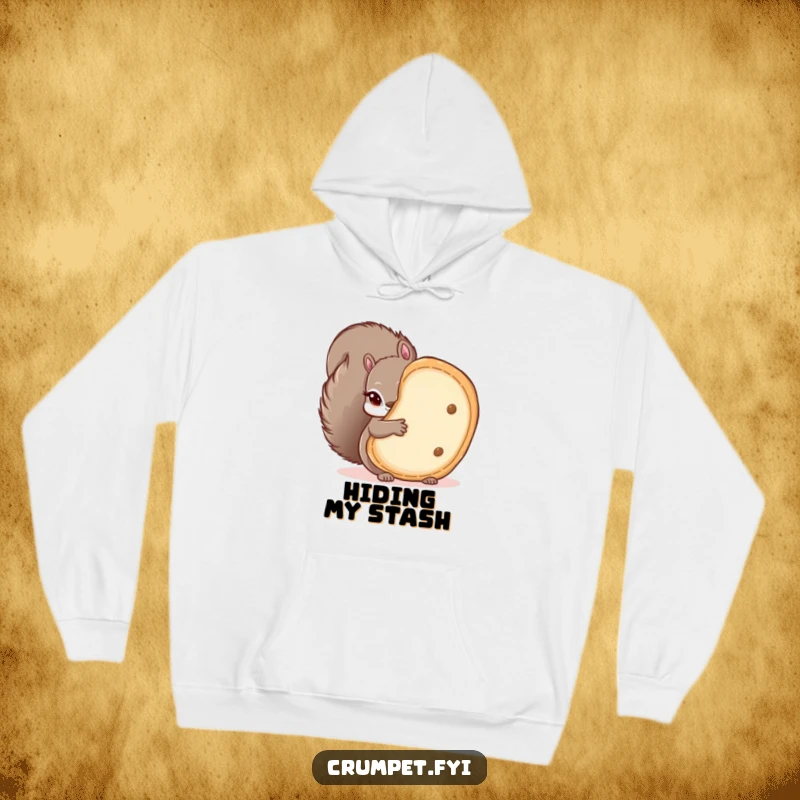 Funny hooded sweatshirt featuring a mischievous squirrel peeking from behind a large crumpet, offering cozy comfort and a humorous statement.