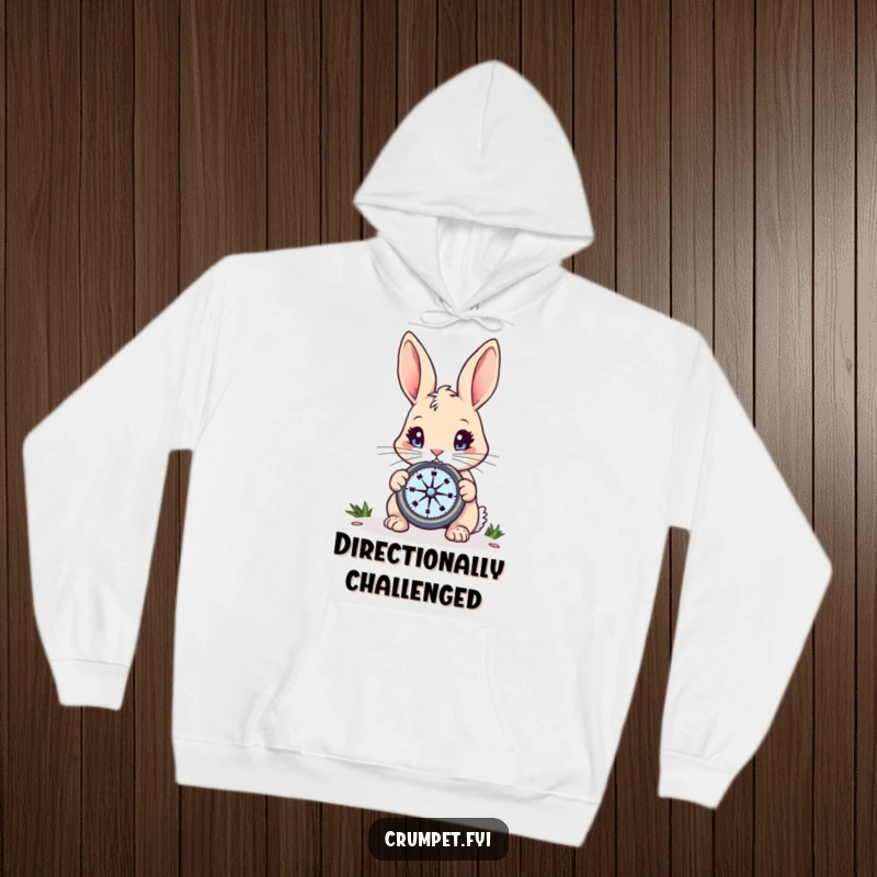 Funny Rabbit Hoodie: A curious rabbit with bright eyes examines a compass, perfect for cozy adventures and a superb funny gift.