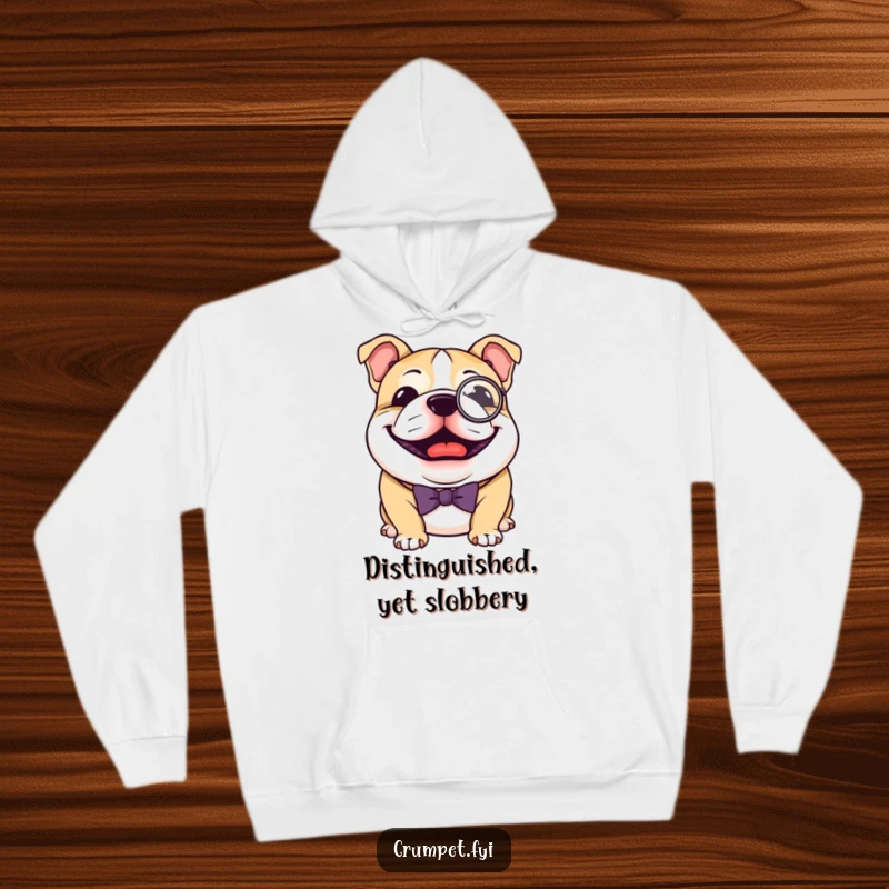 Funny Bulldog Hoodie: A joyful bulldog in a monocle and bow tie, combining warmth and dapper humor, a brilliant funny gift.